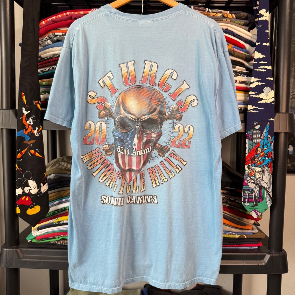 Modern Blue 2022 Sturgis Motorcycle Rally Skull Graphic Tee Large